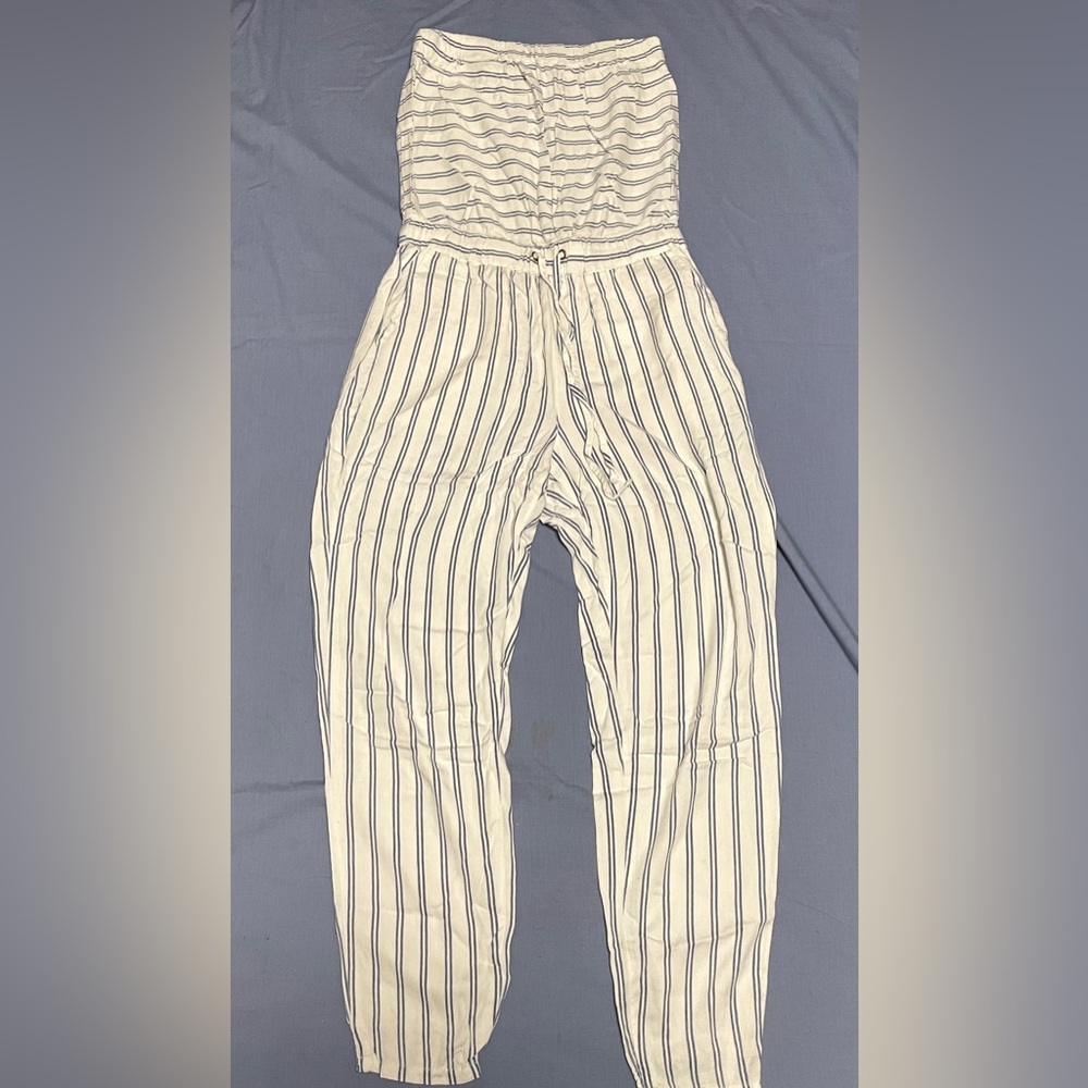 Strapless Striped White and Blue Jumpsuit